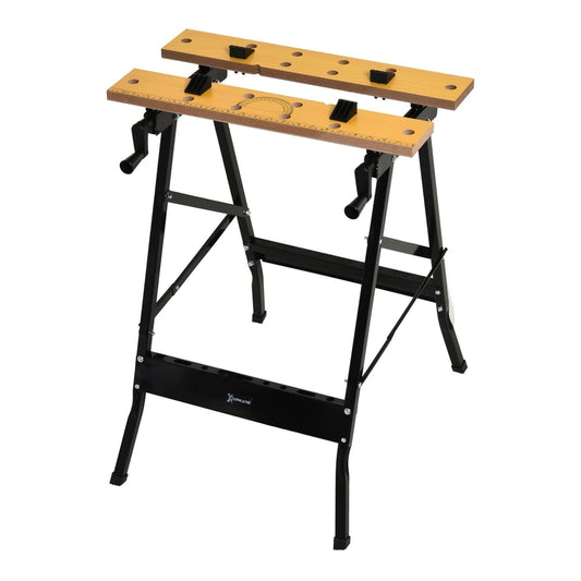 DURHAND 4-in-1 Work Bench with a wooden top and black metal frame on a white background