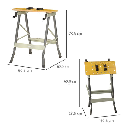 The folding work bench with dimensions shown from the front and side