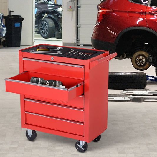The red five-drawer tool chest is shown in a workshop with one drawer open containing tools