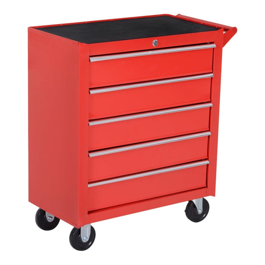DURHAND 5-Drawer Lockable Tool Storage Cabinet with Wheels, a red steel chest with five drawers and a black top