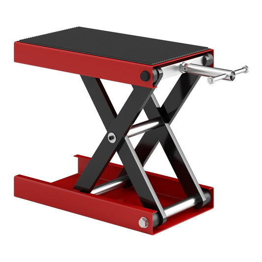 DURHAND 500KG Motorcycle Lift Scissor Jack, a red and black heavy duty steel motorbike repair stand