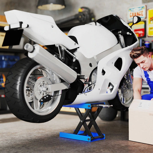 the motorbike repair stand lifting a white motorcycle in a garage workshop