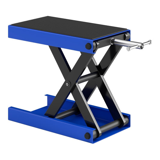 DURHAND 500KG Motorcycle Lift Scissor Jack in blue and black with a metal winding handle