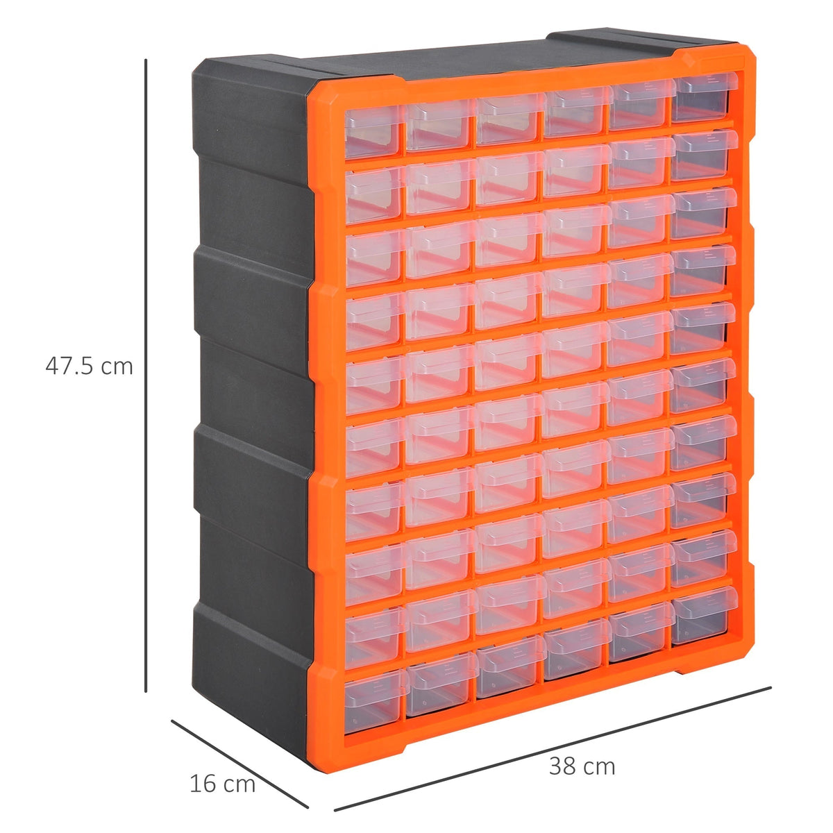 The parts organiser cabinet with dimensions shown
