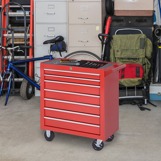 The red tool box chest on wheels in a garage setting with a bicycle and storage shelves