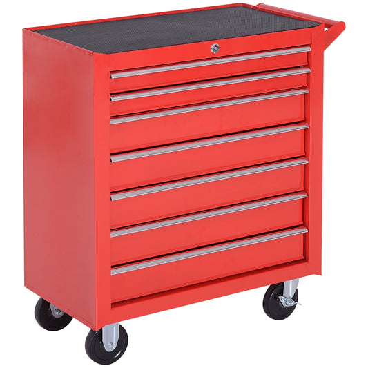 DURHAND Tool Box Chest on Wheels, a red metal cabinet with seven drawers and wheels