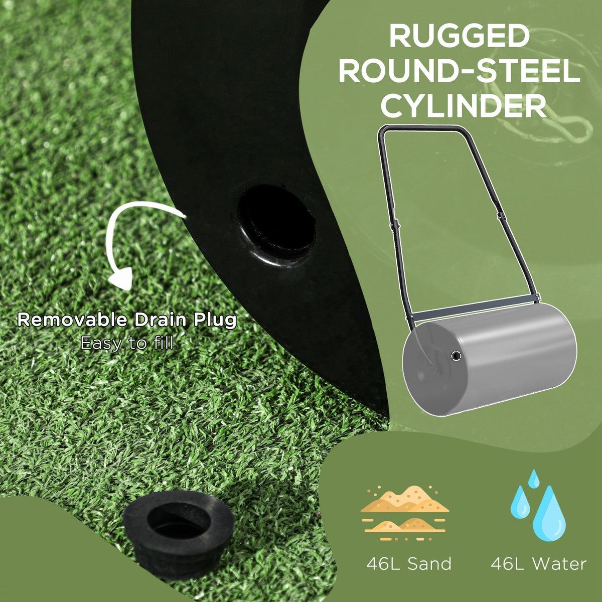 Close up of the garden lawn roller showing a removable drain plug and capacity for sand or water