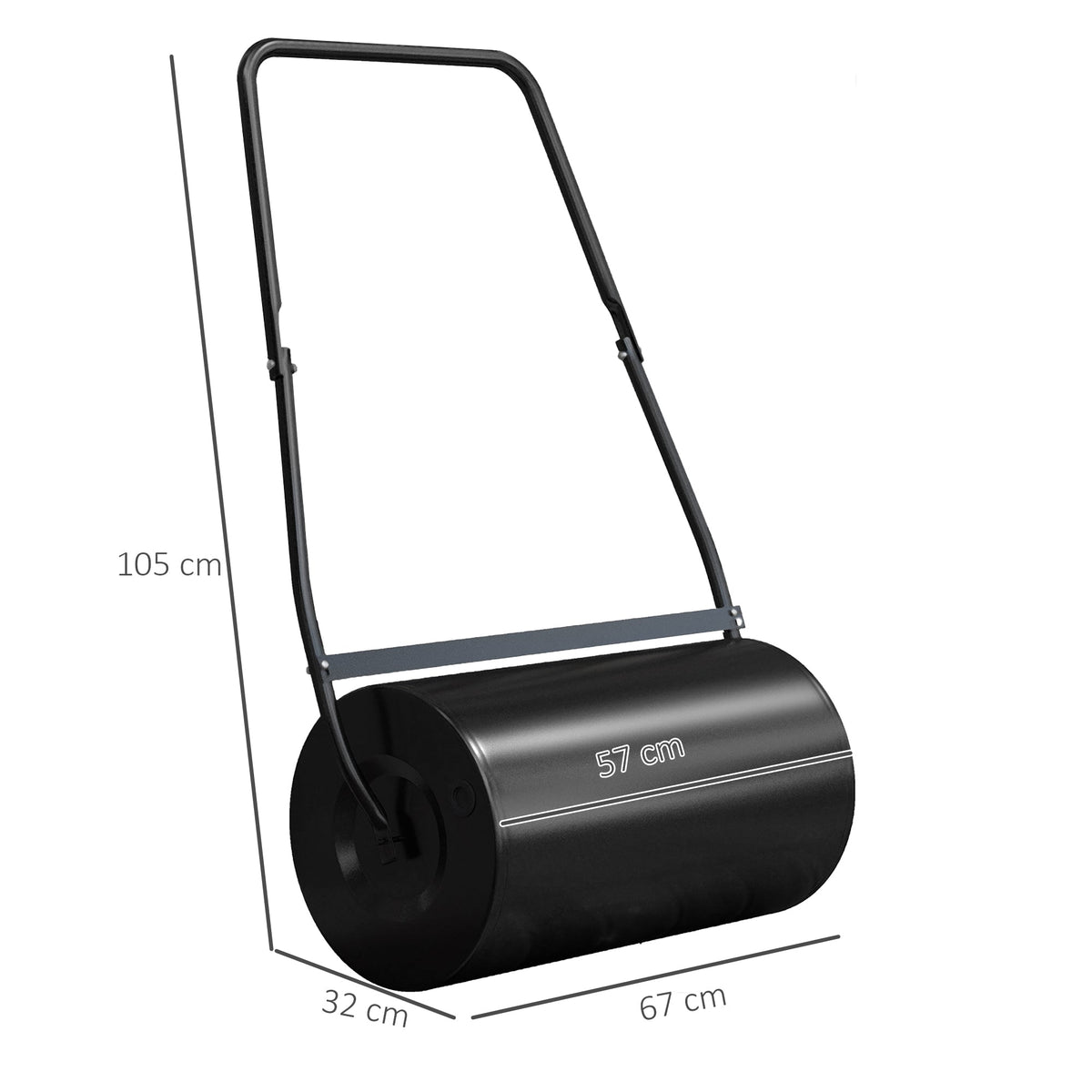 A garden lawn roller with dimensions shown for height, width and depth
