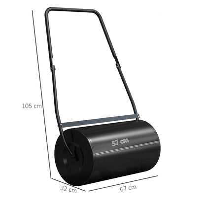 A garden lawn roller with dimensions shown for height, width and depth
