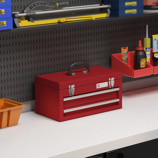 The red metal tool box sits on a white workbench with tools and supplies in the background