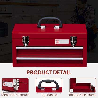 Close-ups of the red metal tool chest showing the latch, handle, and open drawers