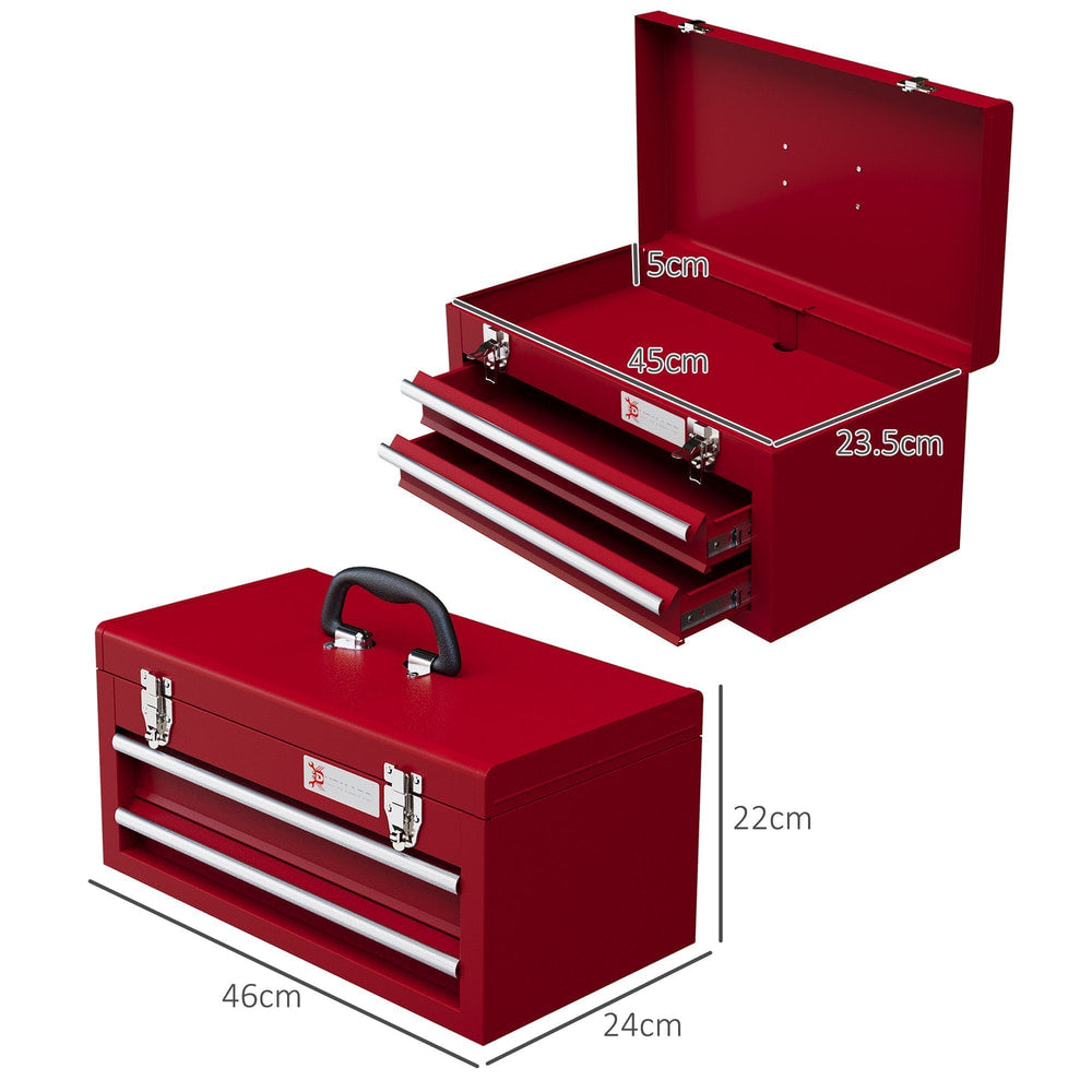 Red metal tool chest with two drawers, showing dimensions of the closed box and open top compartment