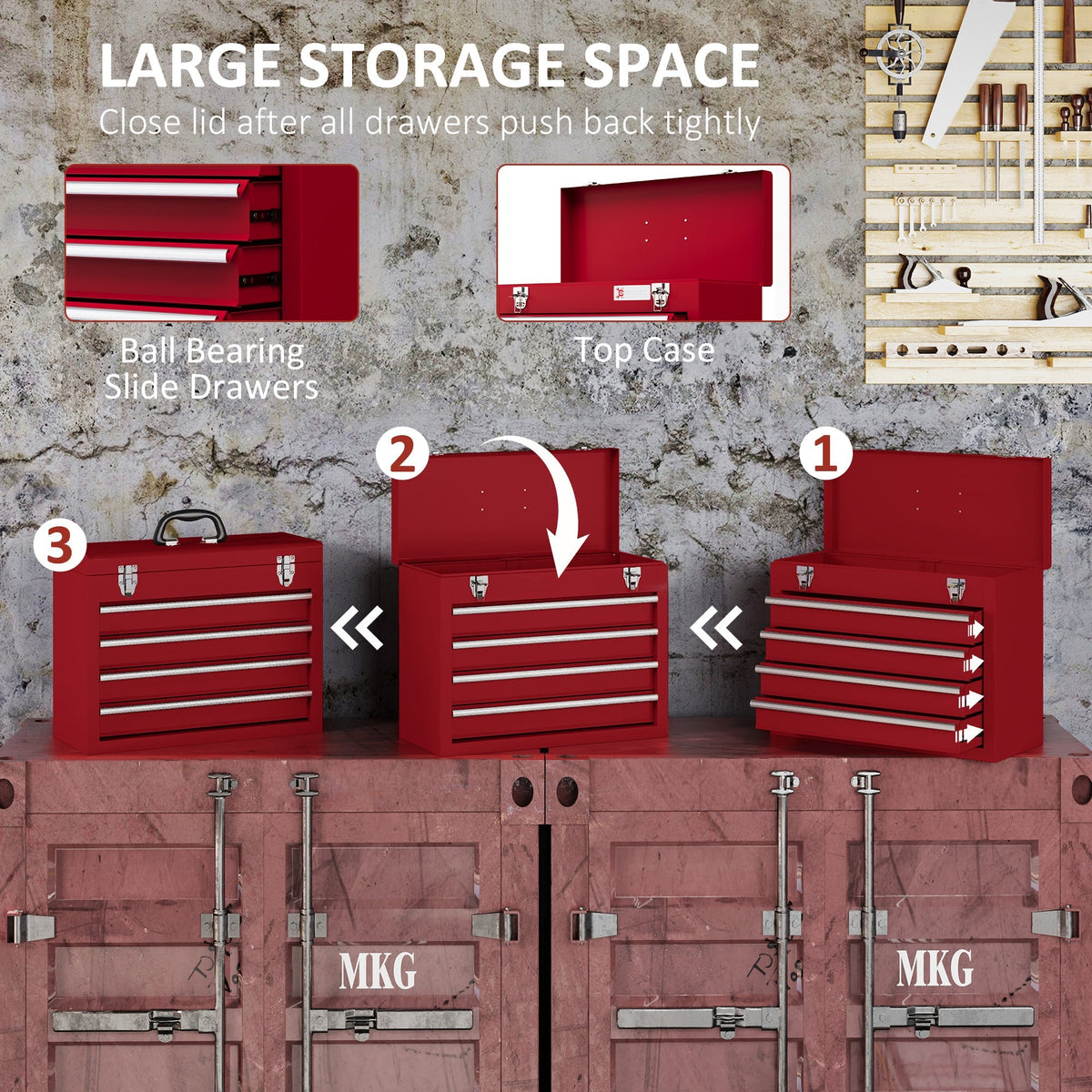 Sequence showing how to open and close the drawers and top compartment of the red tool chest
