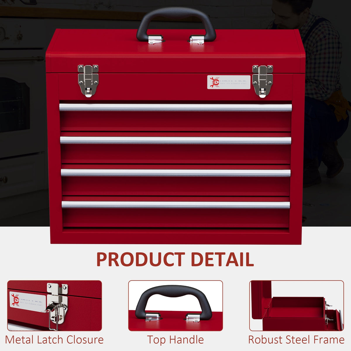 Close up details of the red four-drawer tool chest including latch, handle and steel construction