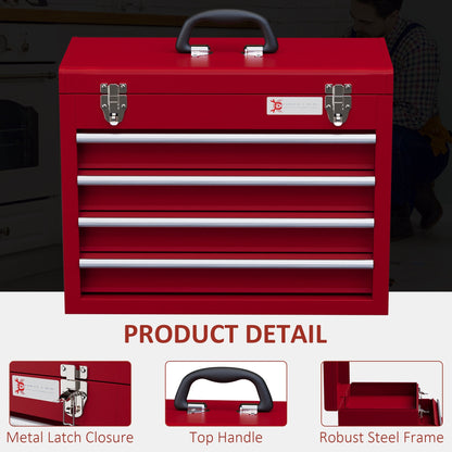 Close up details of the red four-drawer tool chest including latch, handle and steel construction