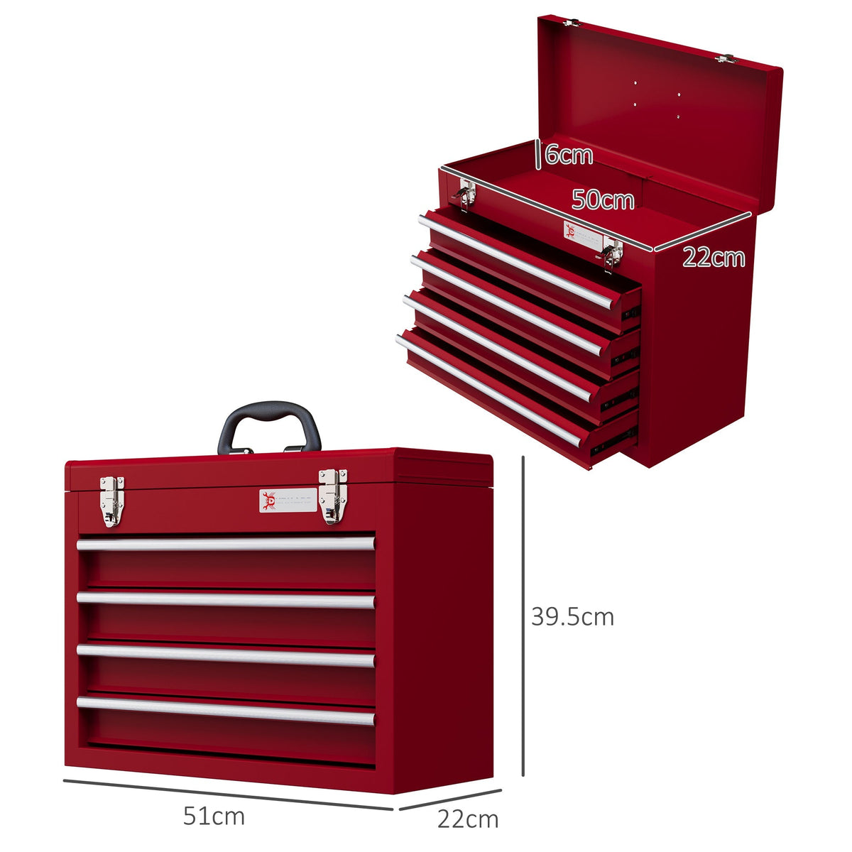 Dimensions of the red four-drawer tool chest shown with measurements for height, width and depth
