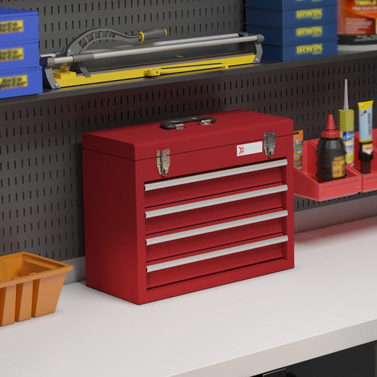 The red four-drawer tool chest sits on a shelf in a workshop setting with tools in the background