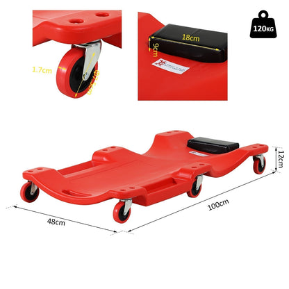 Red rolling crawler board with dimensions shown, including wheel close-up
