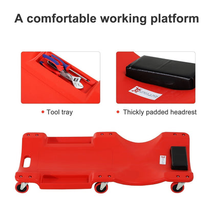 The red rolling crawler board with close-ups of the tool tray and the padded headrest