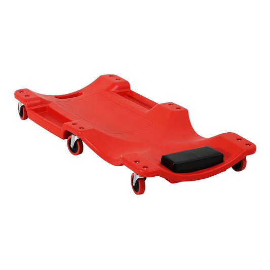 DURHAND Mechanic Vehicle Creeper, a red rolling crawler board with six wheels and a padded headrest