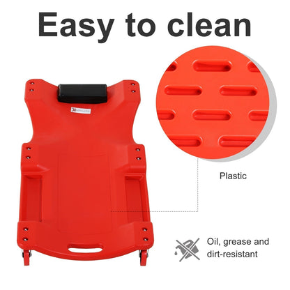 The red rolling crawler board shown from above, with text highlighting it is easy to clean and oil, grease and dirt-resistant