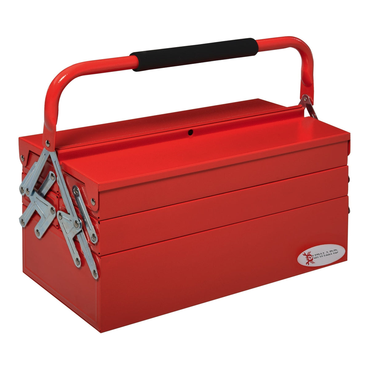 DURHAND Metal Tool Box, a red cantilever toolbox with a silver handle and folding tiers