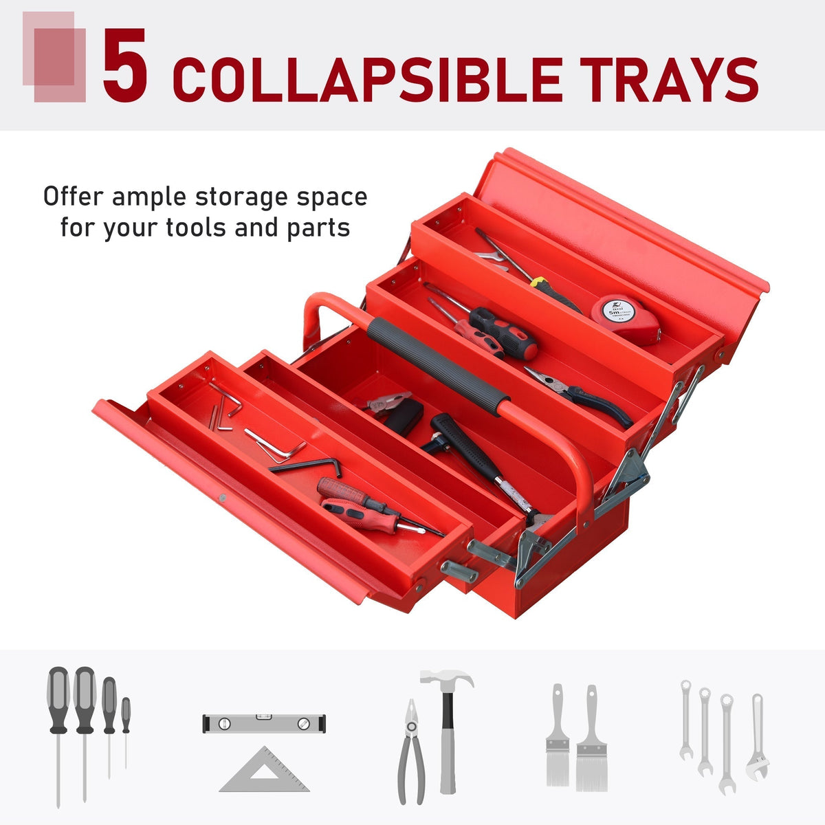 Collapsible trays of a red metal tool box filled with tools