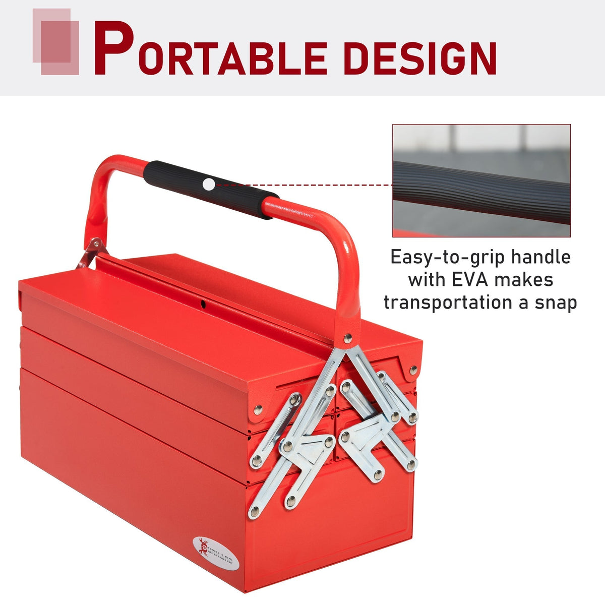A red metal tool box with a portable design and easy-grip handle