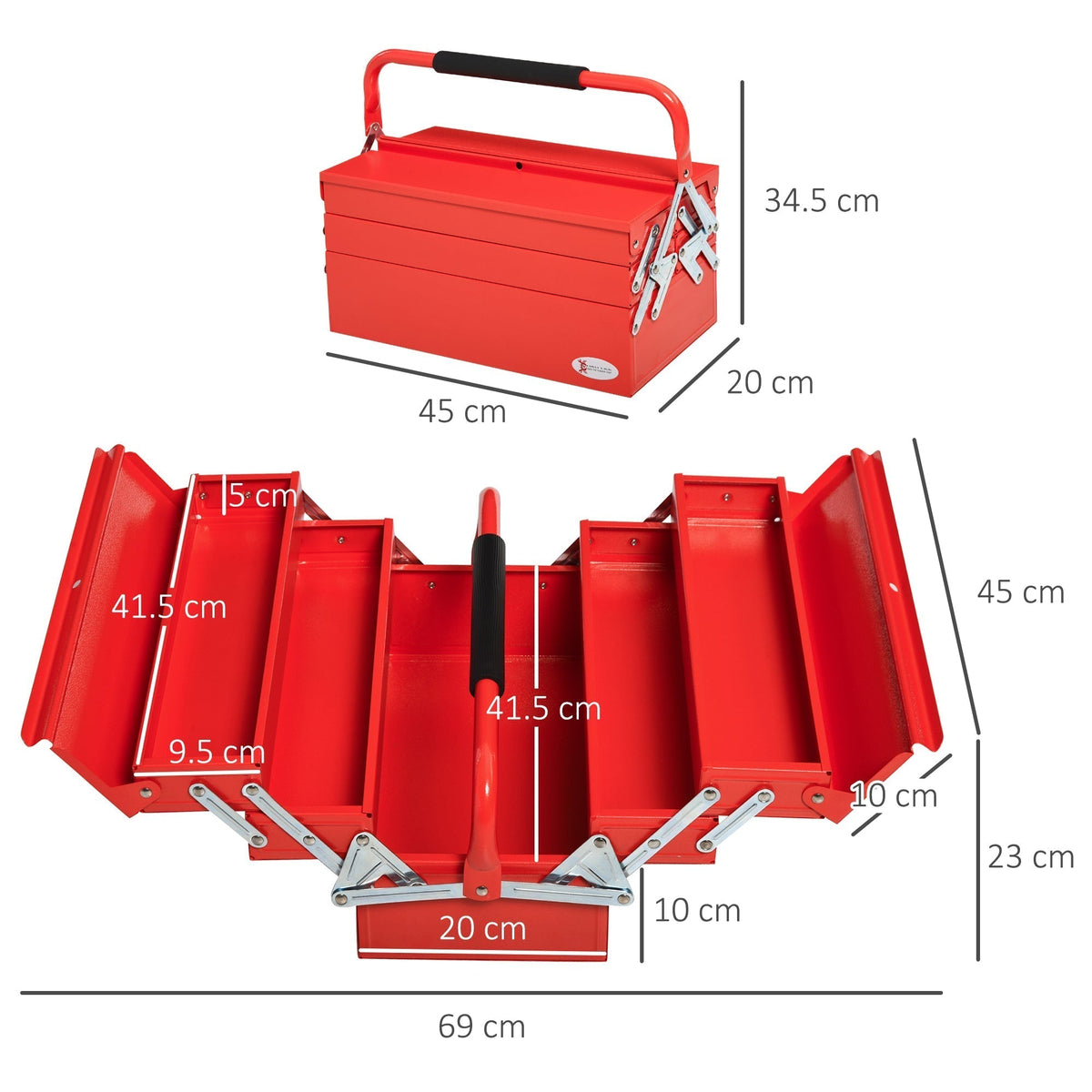 A red metal tool box with dimensions shown for its open and closed states