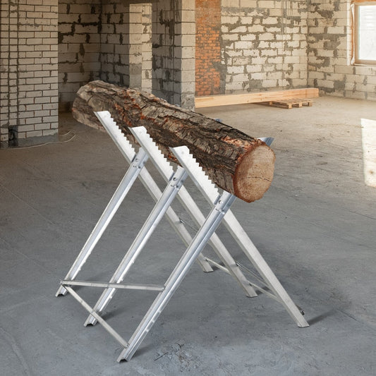 The portable sawhorse holding a large log in a room under construction