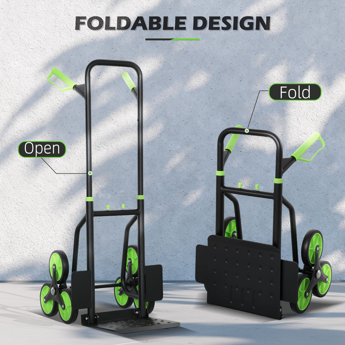 The six-wheel folding sack barrow trolley shown in its open and folded states