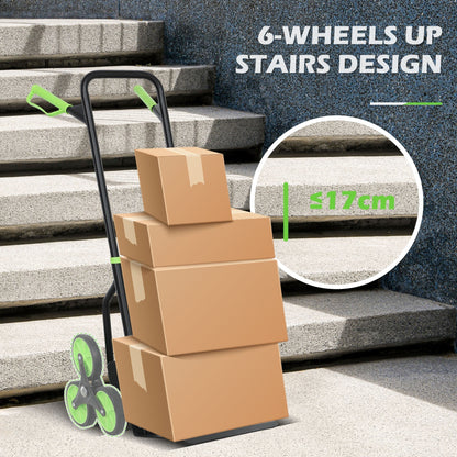 The six-wheel folding sack barrow trolley carrying stacked boxes up a set of stairs
