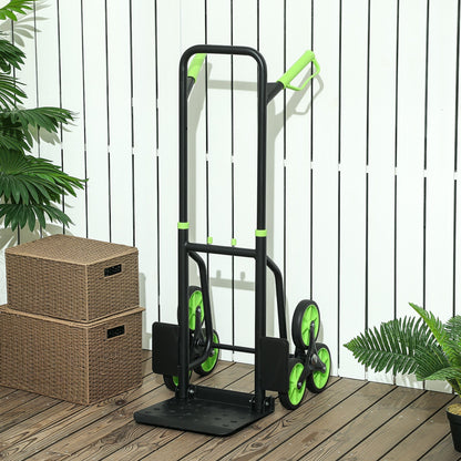 The six-wheel folding sack barrow trolley standing on a wooden deck next to some plants