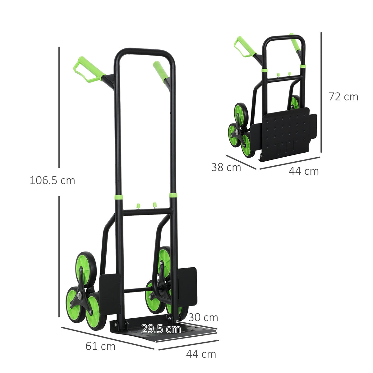 Dimensions of the six-wheel folding sack barrow trolley shown with measurements