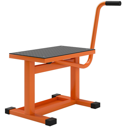 DURHAND Steel Motorbike Jack Lift in orange, a sturdy metal stand with a lifting platform and handle