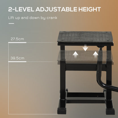The adjustable height motorbike jack lift shown at two different heights