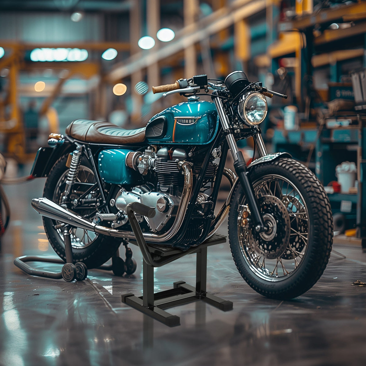 The steel motorbike jack lift supporting a blue custom motorcycle in a workshop
