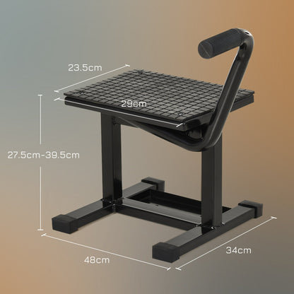 Black steel motorbike jack lift with dimensions indicated by lines and text