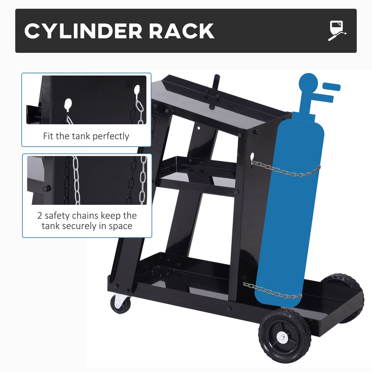 The black metal trolley has a cylinder rack with two safety chains