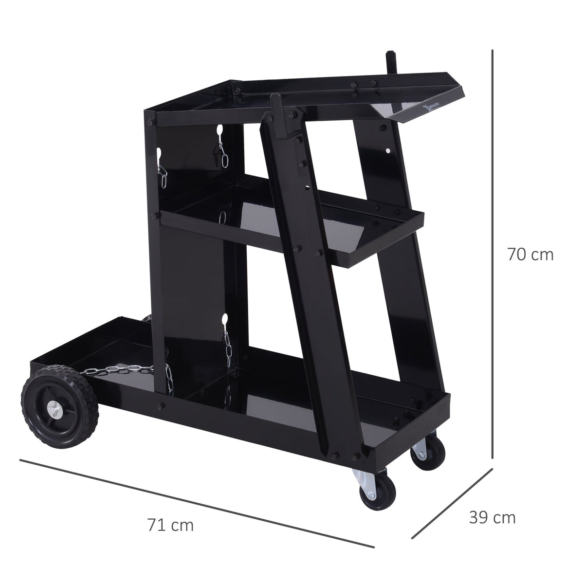The black welding trolley has three shelves and wheels, with dimensions shown
