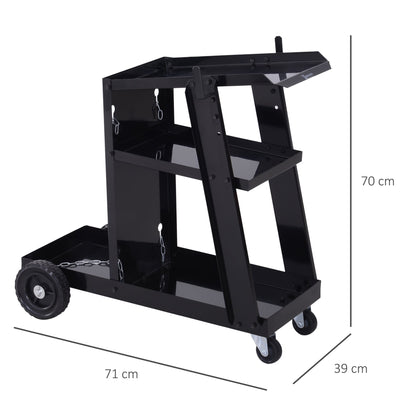 The black welding trolley has three shelves and wheels, with dimensions shown