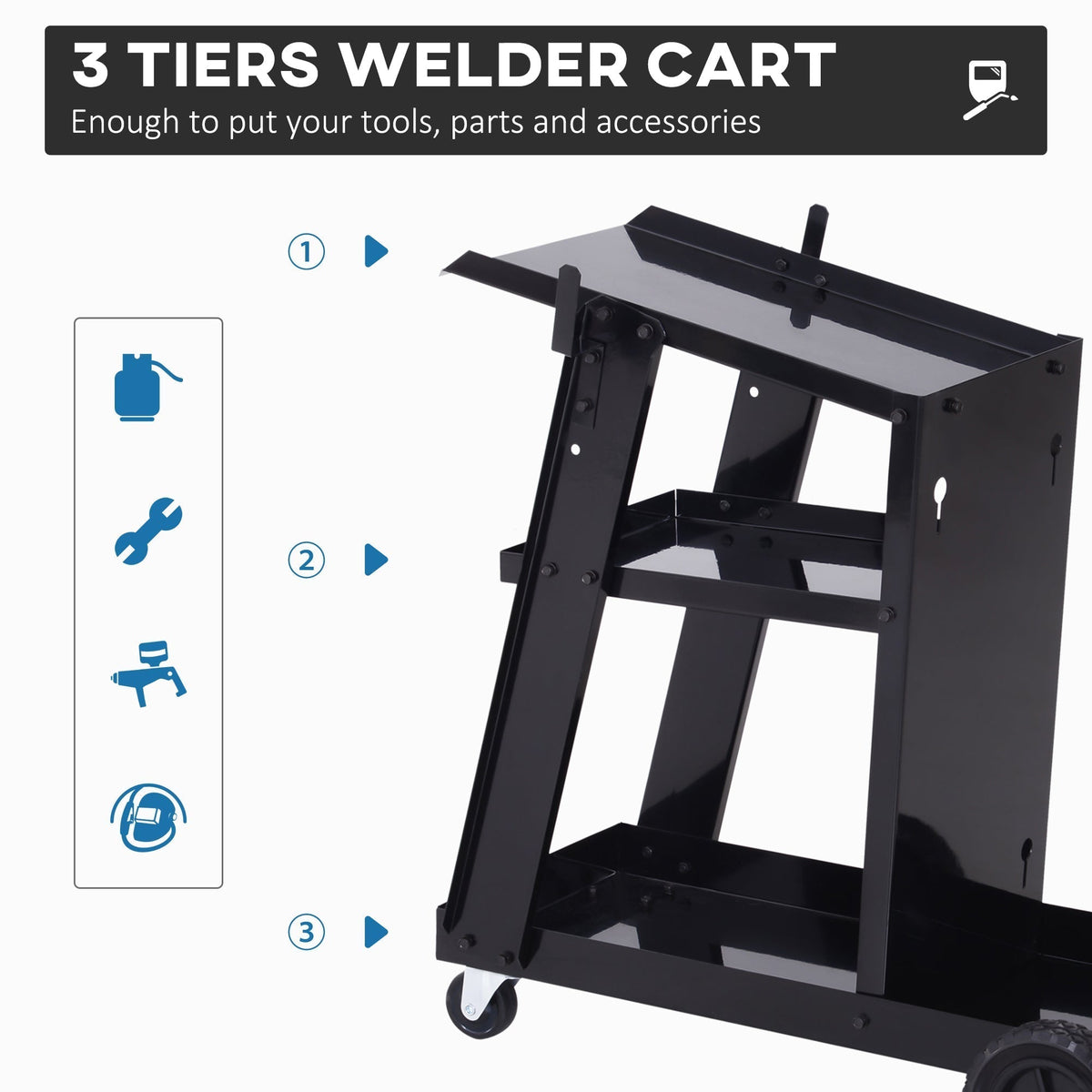 The black metal trolley has three tiers for tools and parts