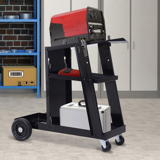The black metal trolley holds a red welding machine and a silver case on its shelves
