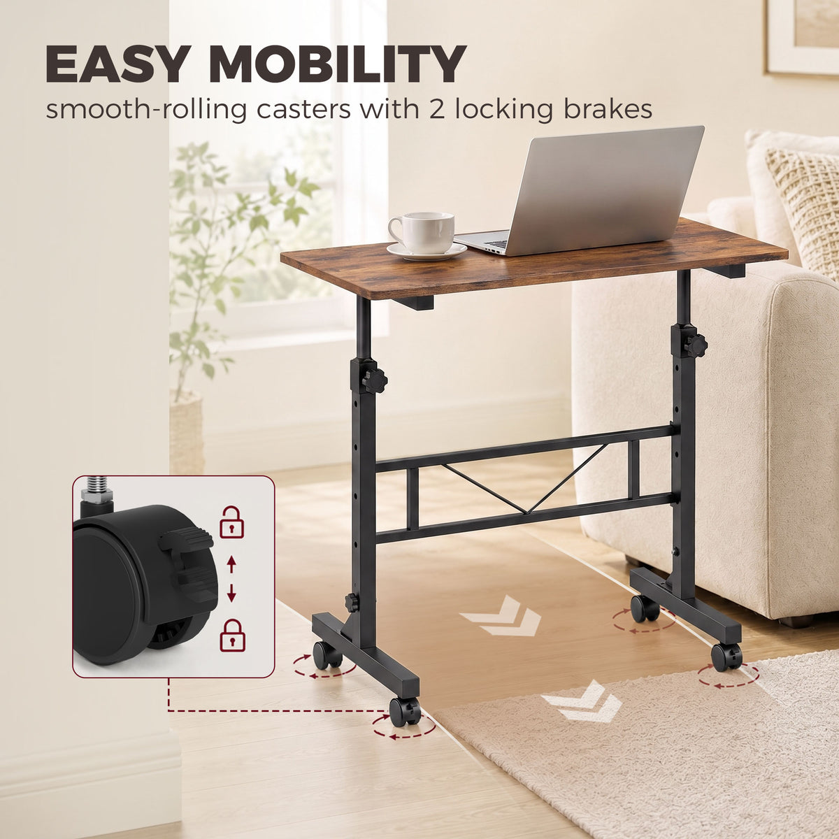 HOMCOM Overbed Table in Rustic Brown Black