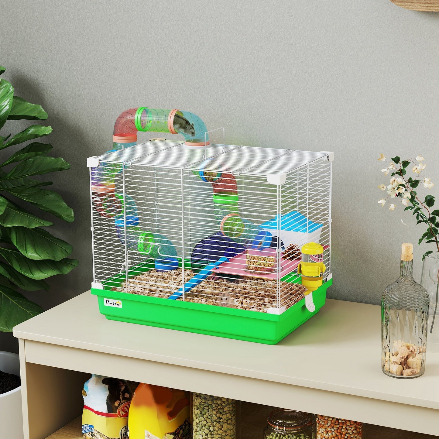 PawHut 2 Tier Hamster Cage, Gerbil Cage with Handle, Exercise Wheels, Tunnel, Water Bottle, Dishes, Ladder, for Dwarf