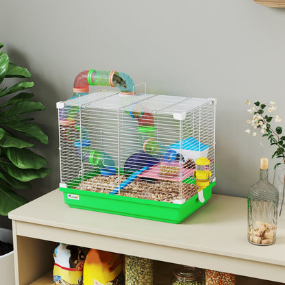 PawHut 2 Tier Hamster Cage, Gerbil Cage with Handle, Exercise Wheels, Tunnel, Water Bottle, Dishes, Ladder, for Dwarf