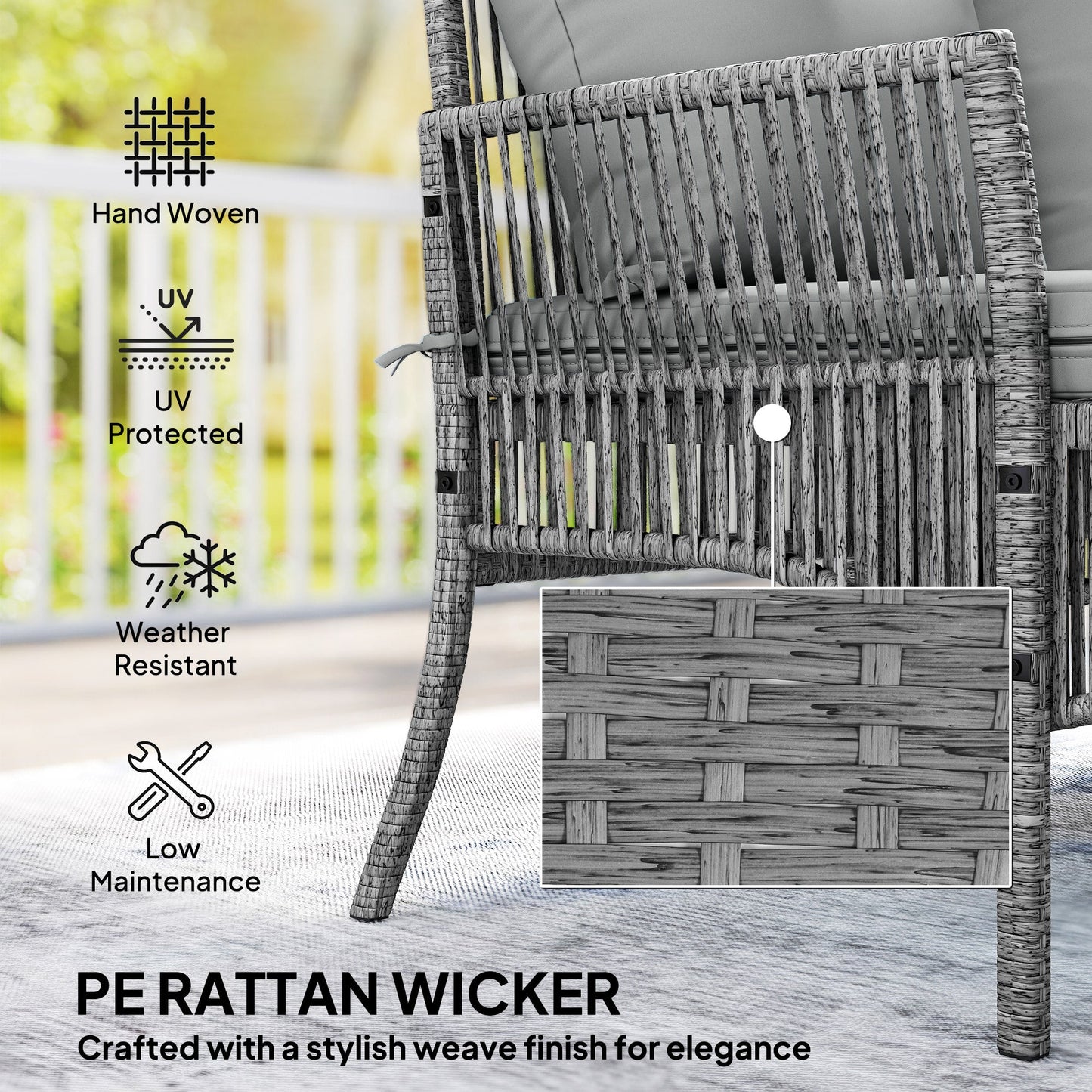 Outsunny 3 Piece Rattan Garden Furniture Corner Sofa Set with Chaise Lounge, Loveseat, Glass Coffee Table, Cushions, Dark Grey