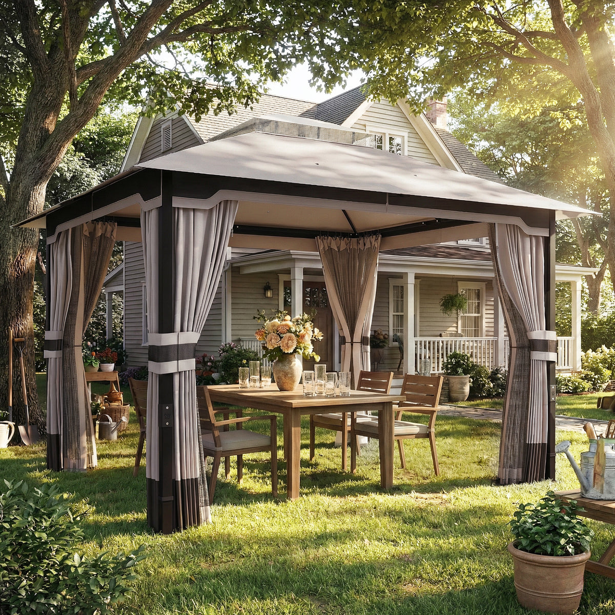 Outsunny Outdoor Garden Gazebo with Netting and Curtains in Khaki