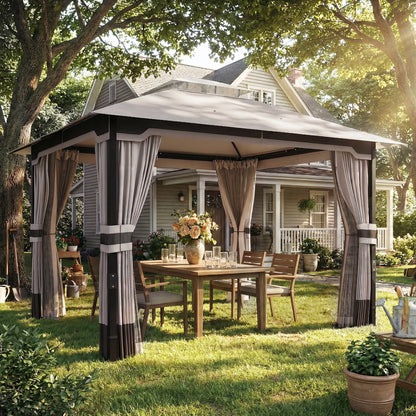 Outsunny Outdoor Garden Gazebo with Netting and Curtains in Khaki