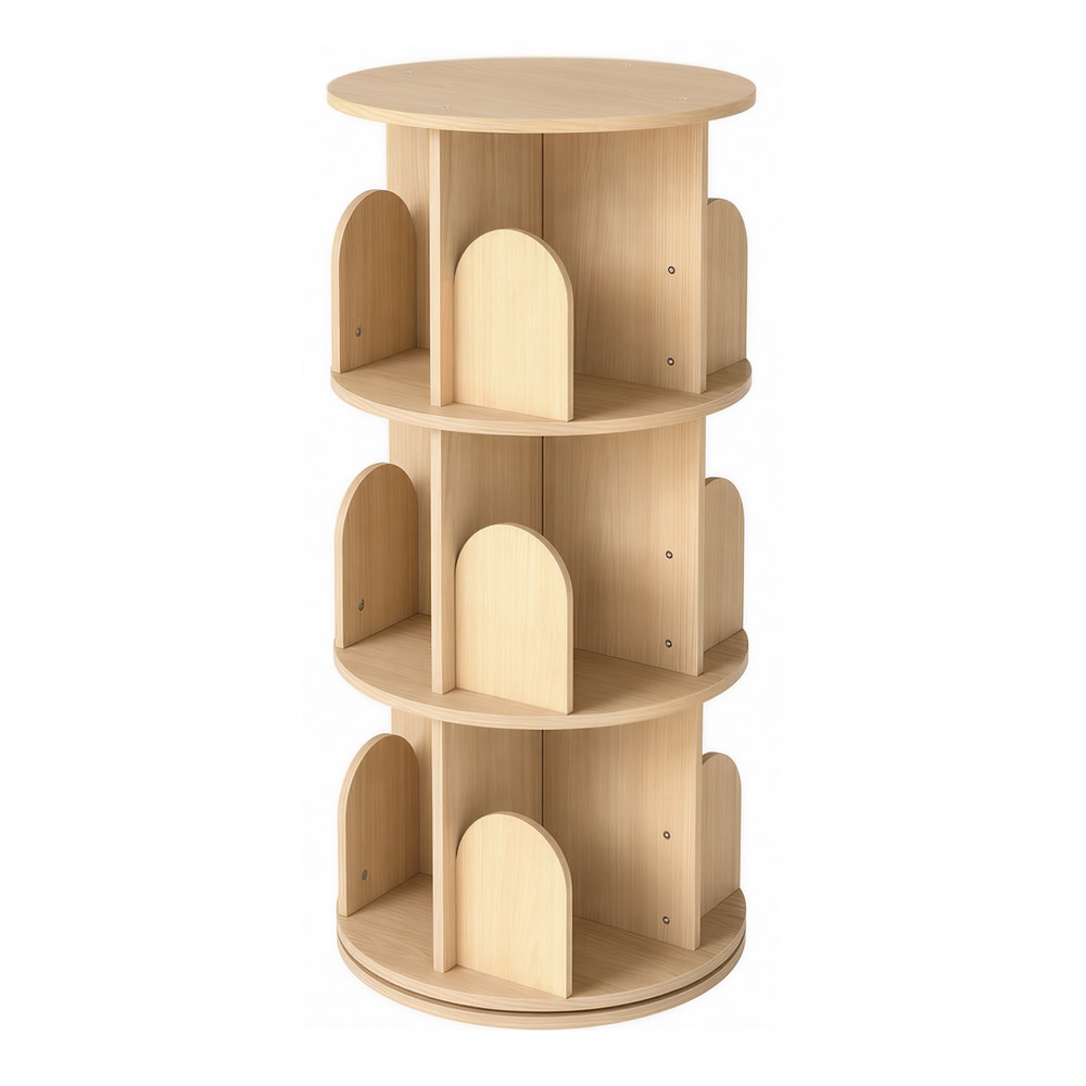 AIYAPLAY 3-Tier Rotating Bookcase, Round Kids Bookshelf Floor Standing 360° Rotating for Bedroom, Kids Room and Playroom, Natural